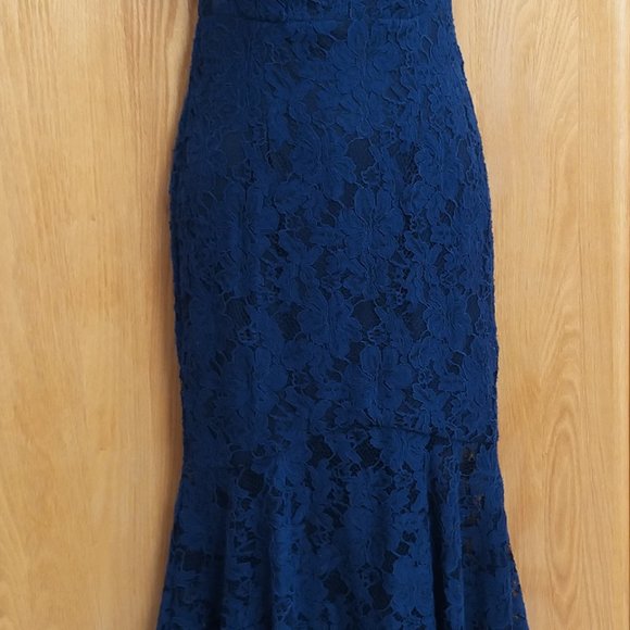 Xscape Womens Navy Lace Off-The-Shoulder Hi-Low Midi Dress Petites 2P  Pre-owne - Picture 16 of 16